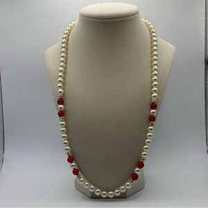 Vintage Pearl Necklace with Gold and Red Accent beads